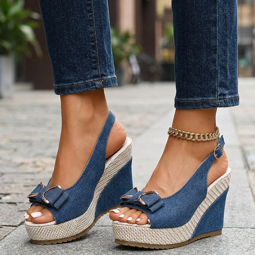 Women's Denim Bow Wedge Sandals | Slingback Espadrille Platform