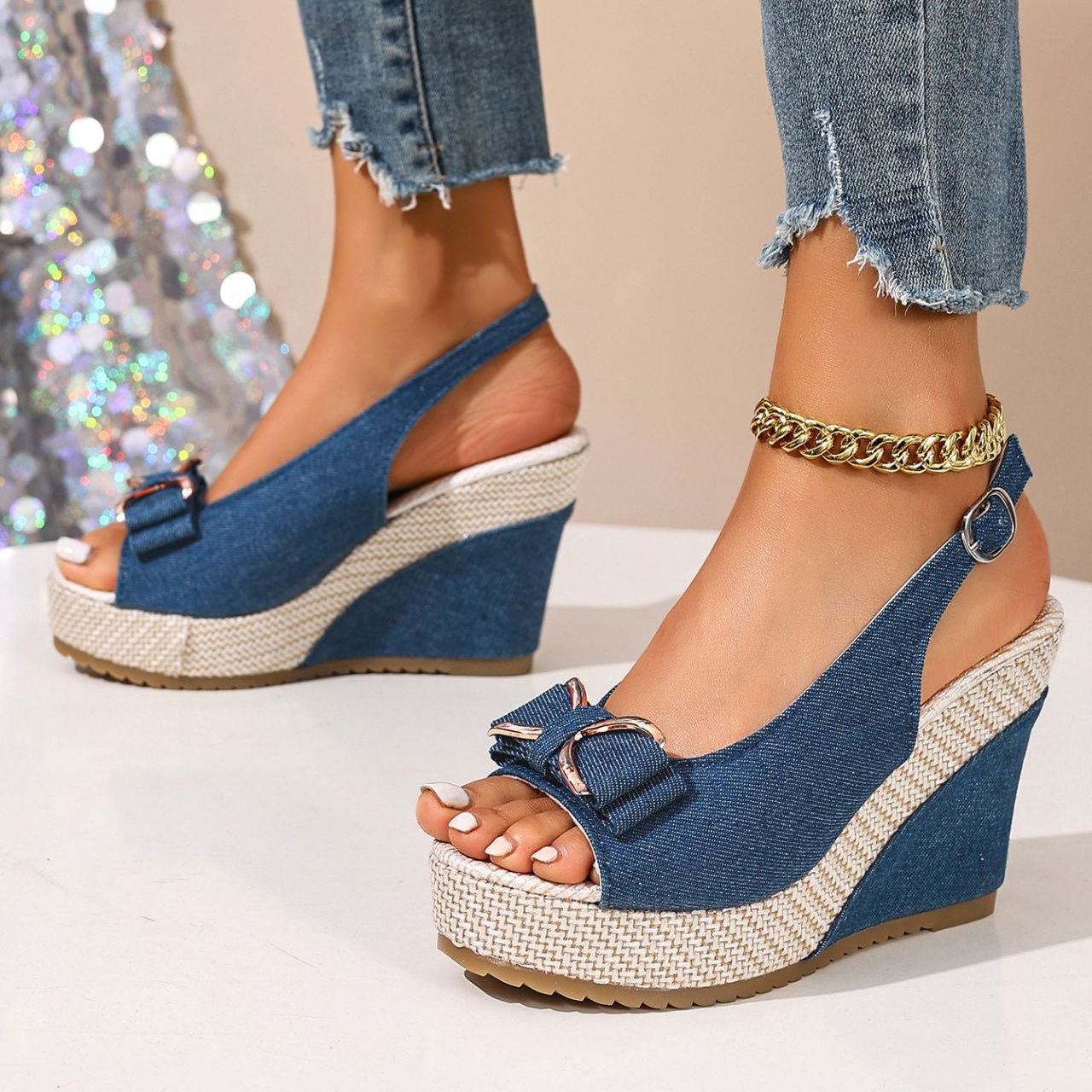 Women's Denim Bow Wedge Sandals | Slingback Espadrille Platform