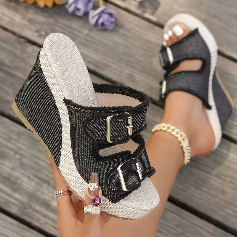 Women's Denim Wedge Sandals | Frayed Strap Espadrille Platform