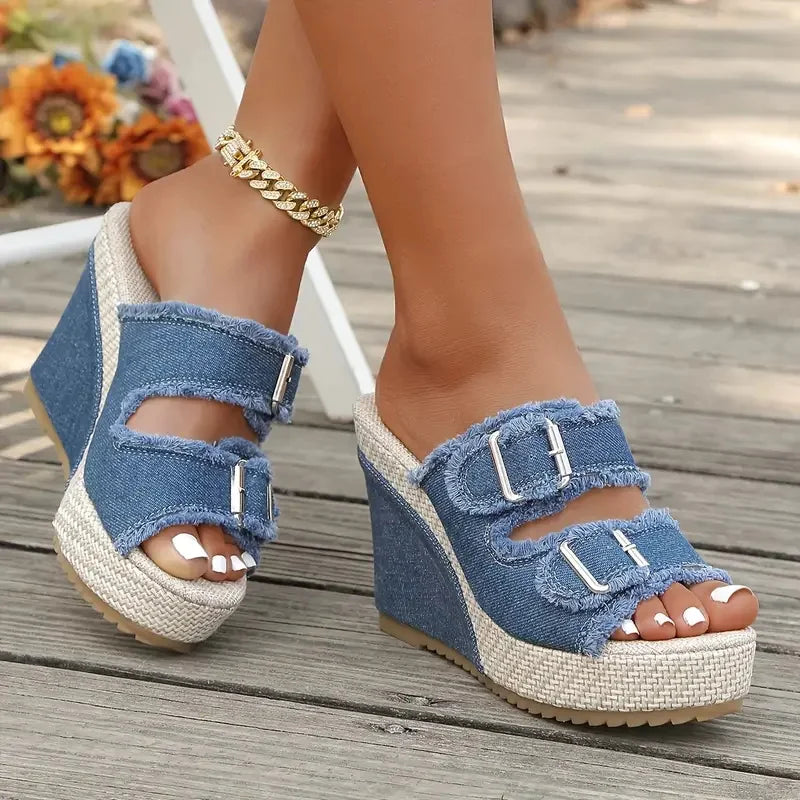 Women's Denim Wedge Sandals | Frayed Strap Espadrille Platform