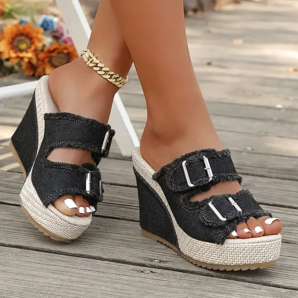 Women's Denim Wedge Sandals | Frayed Strap Espadrille Platform