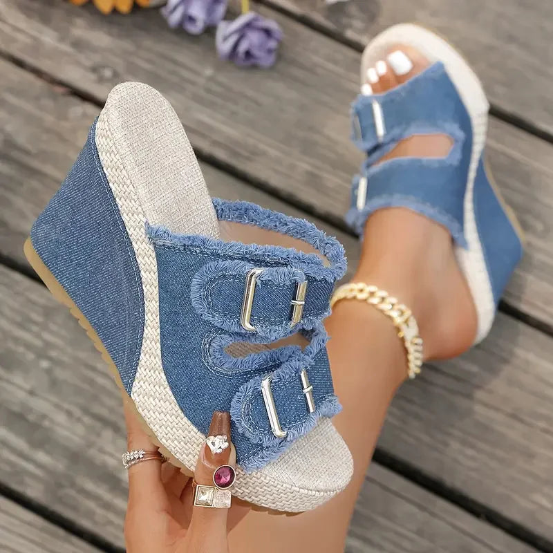 Women's Denim Wedge Sandals | Frayed Strap Espadrille Platform