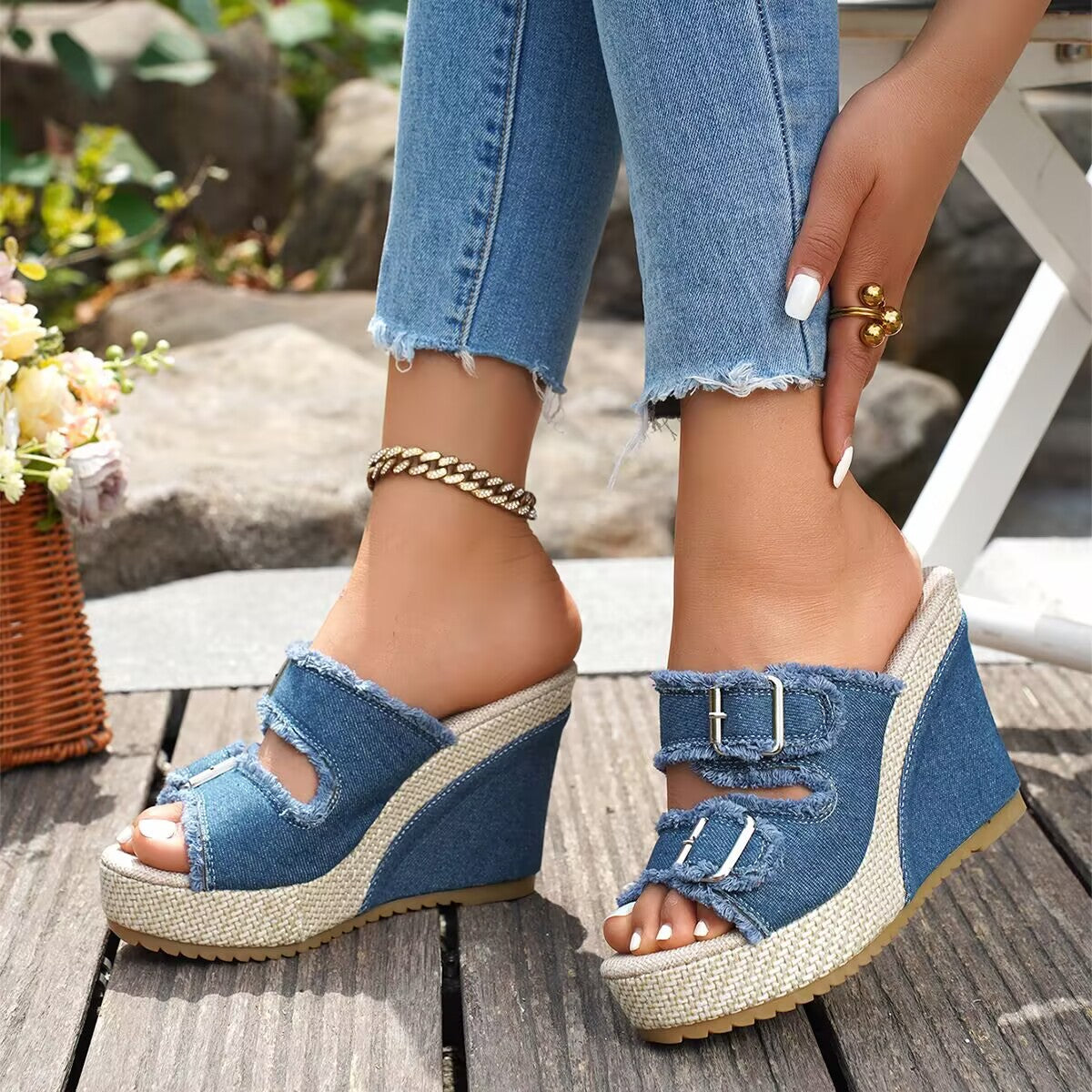 Women's Denim Wedge Sandals | Frayed Strap Espadrille Platform