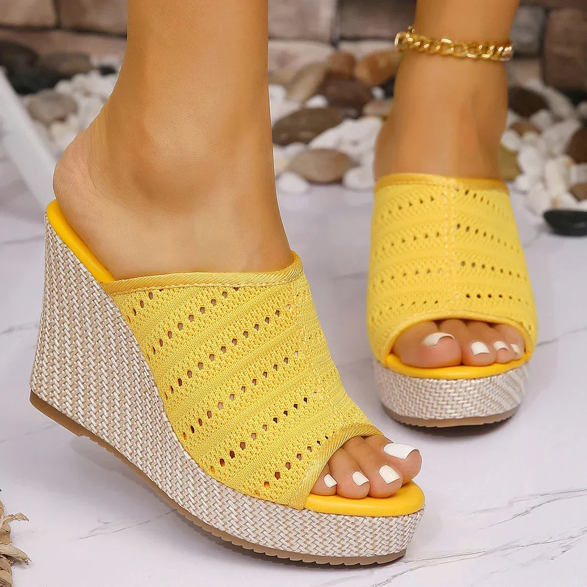 Women's Knit Platform Wedge Sandals | Open-Toe Espadrille Slip-On