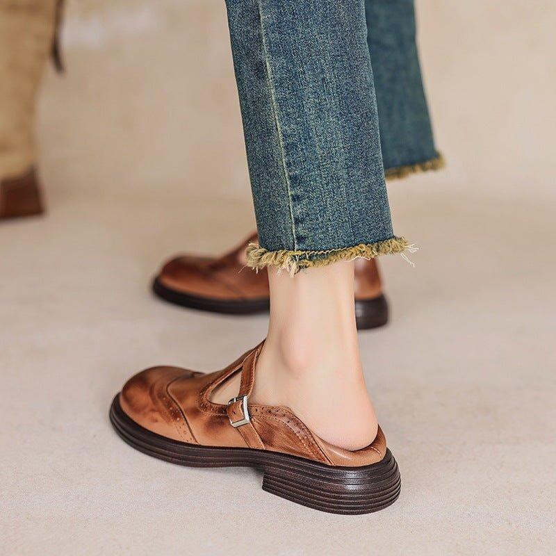 Women's Perforated Mary Jane Flats | Buckle Strap Closed Toe Shoes