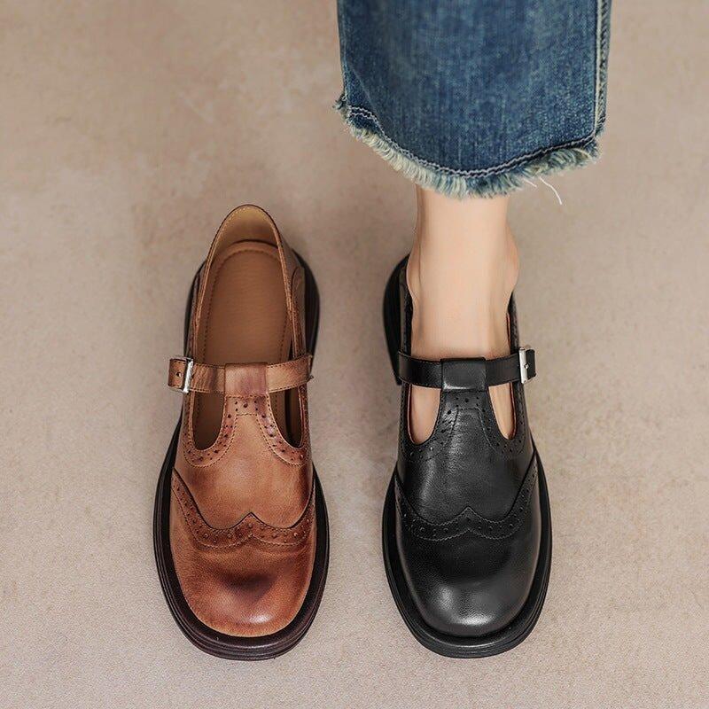 Women's Perforated Mary Jane Flats | Buckle Strap Closed Toe Shoes