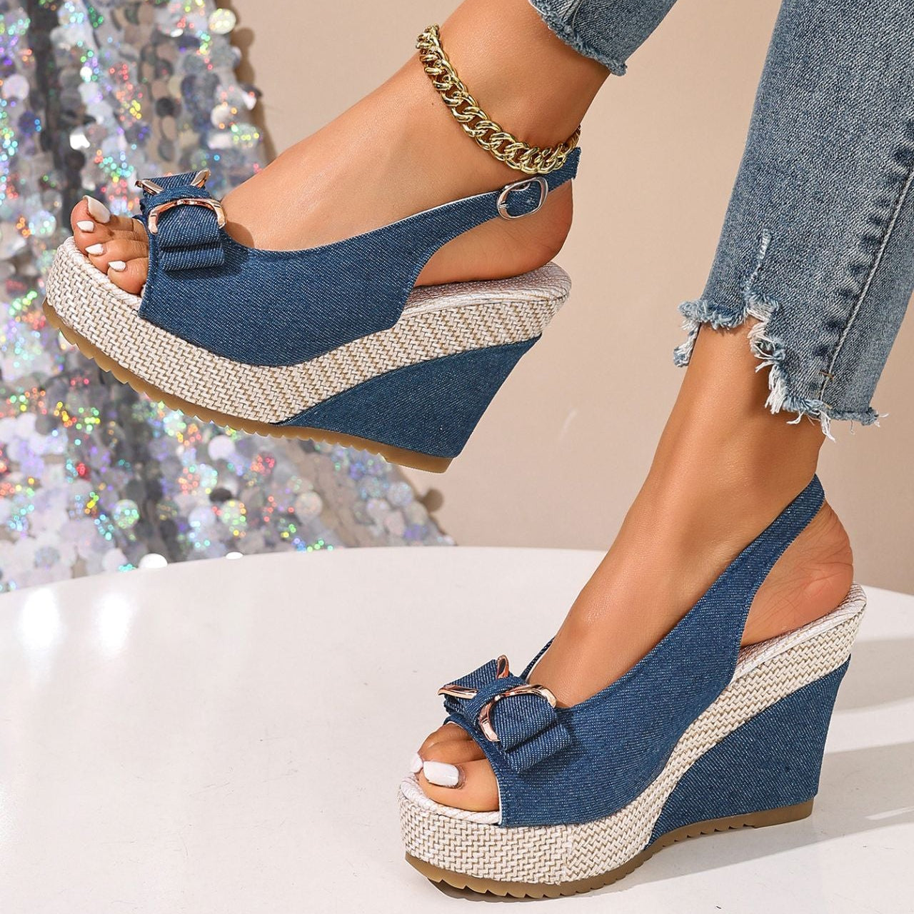 Women's Denim Bow Wedge Sandals | Slingback Espadrille Platform