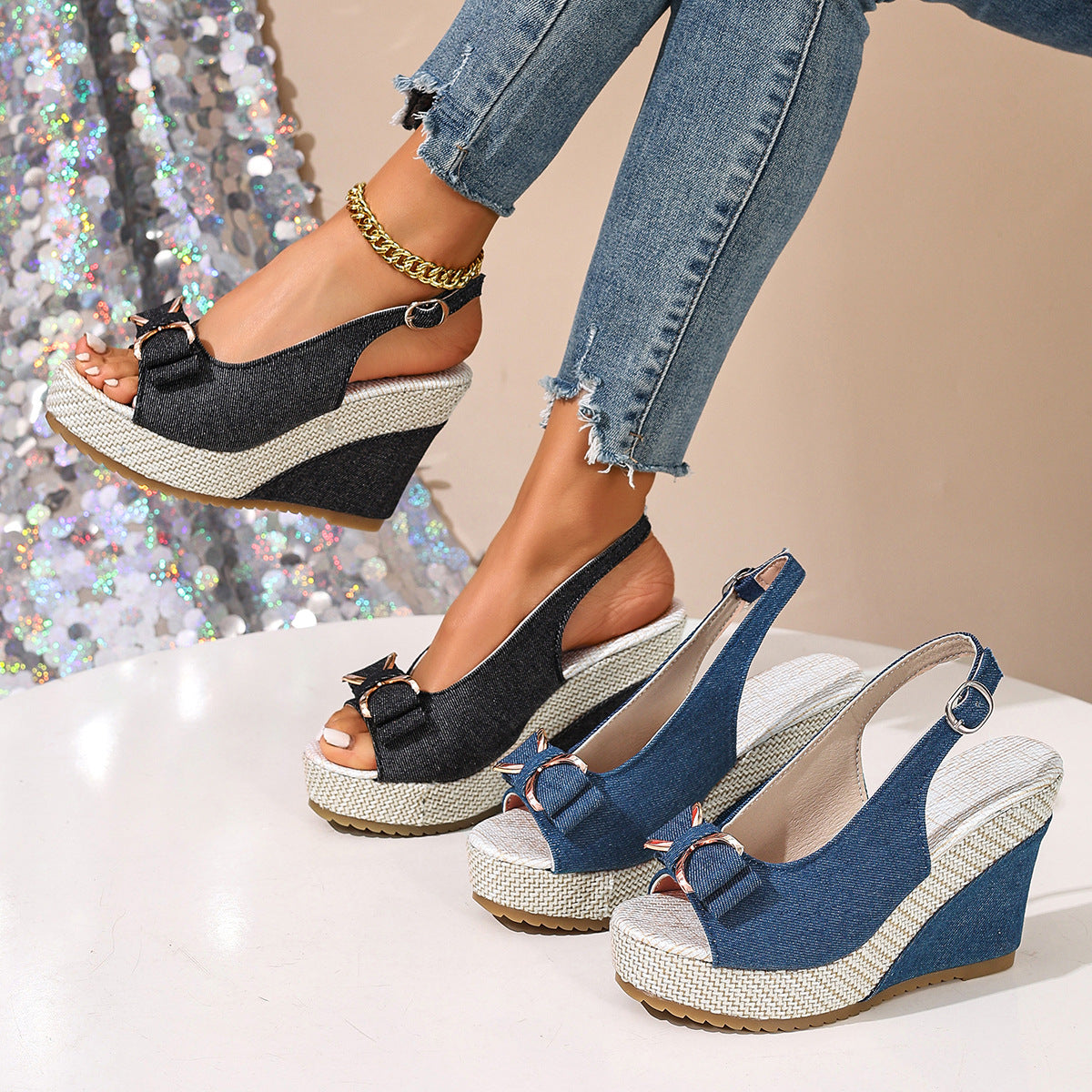 Women's Denim Bow Wedge Sandals | Slingback Espadrille Platform