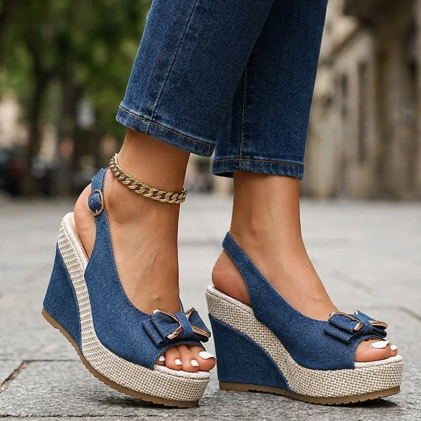 Women's Denim Bow Wedge Sandals | Slingback Espadrille Platform