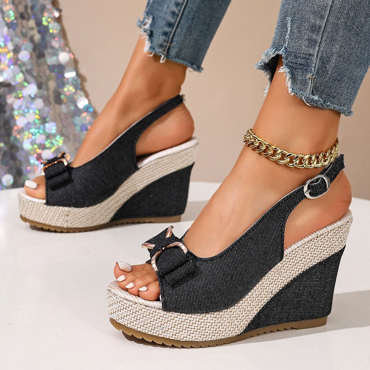 Women's Denim Bow Wedge Sandals | Slingback Espadrille Platform