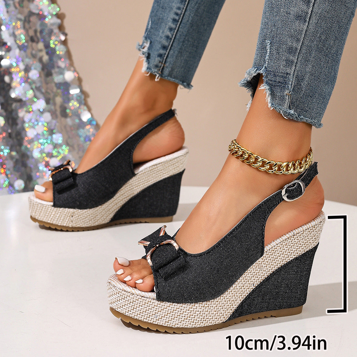 Women's Denim Bow Wedge Sandals | Slingback Espadrille Platform