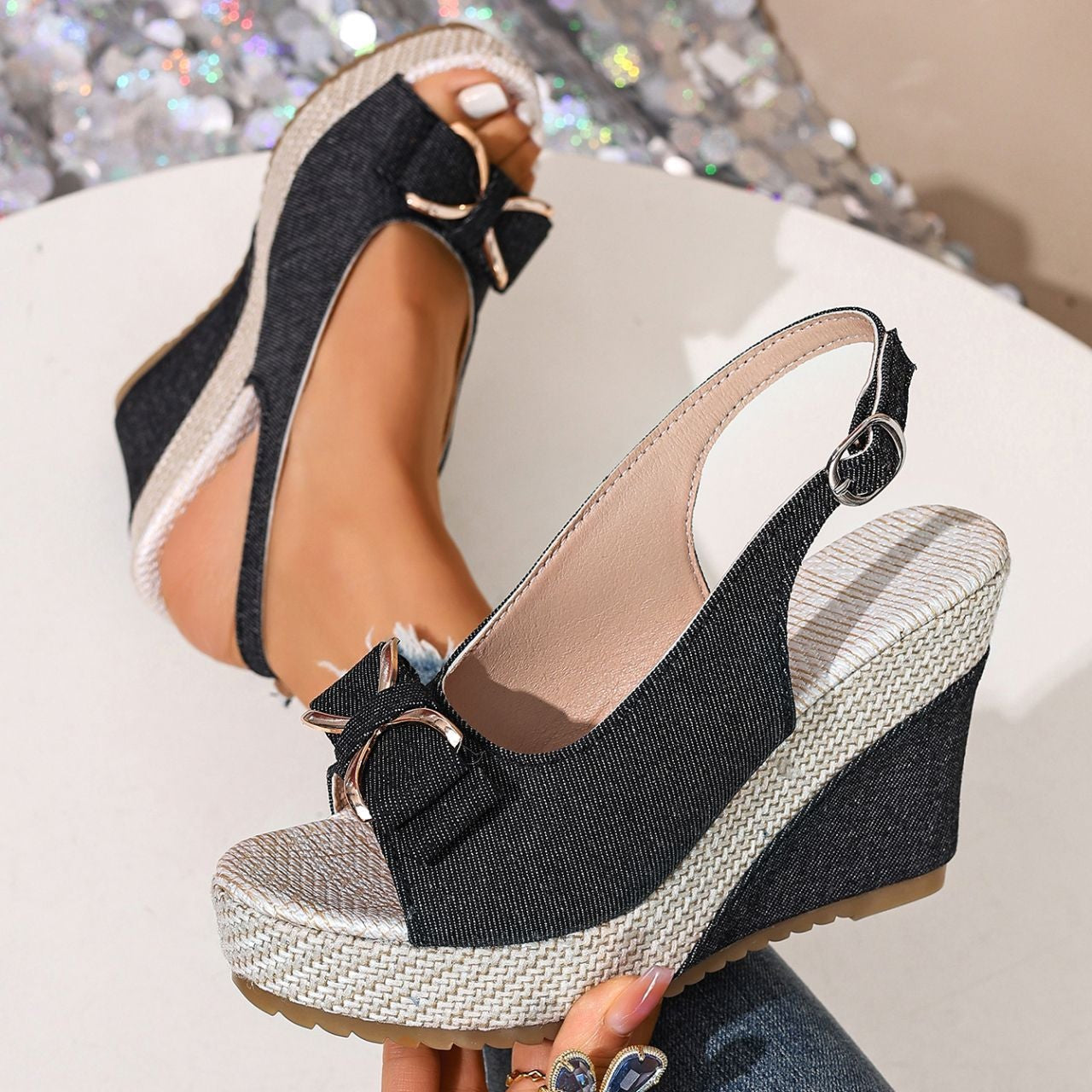 Women's Denim Bow Wedge Sandals | Slingback Espadrille Platform