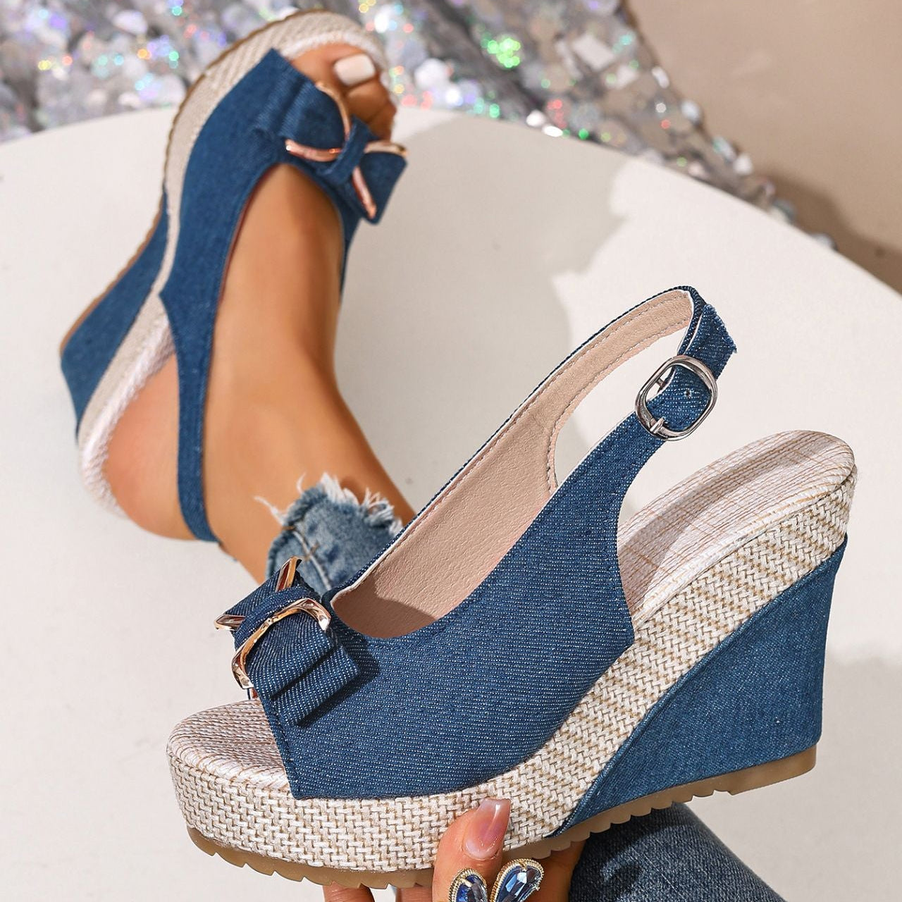 Women's Denim Bow Wedge Sandals | Slingback Espadrille Platform