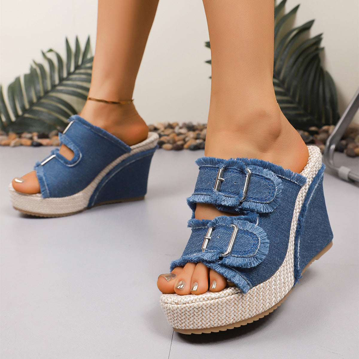 Women's Denim Wedge Sandals | Frayed Strap Espadrille Platform