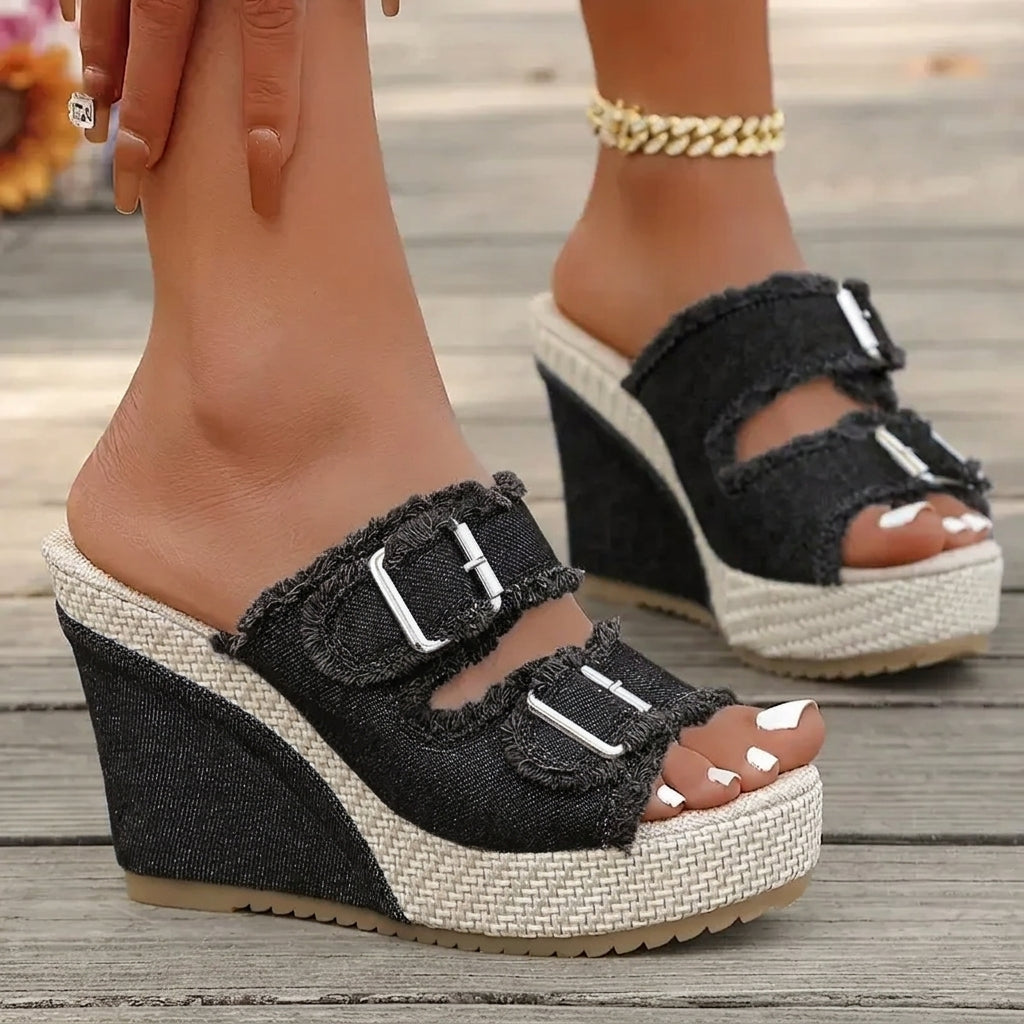 Women's Denim Wedge Sandals | Frayed Strap Espadrille Platform