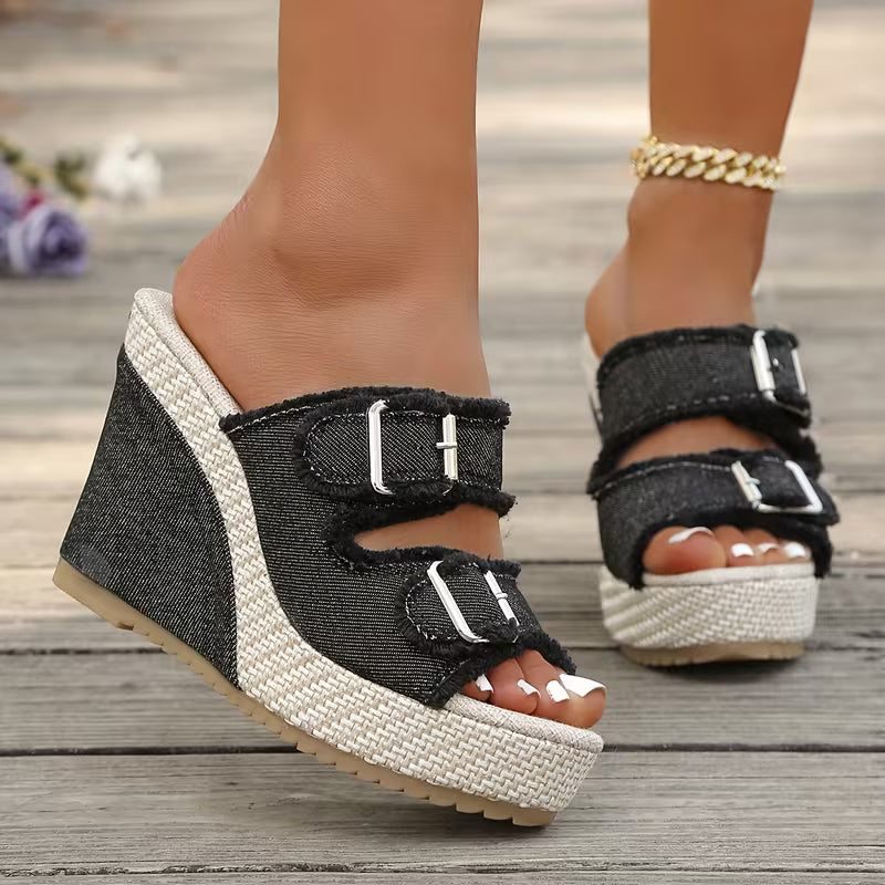 Women's Denim Wedge Sandals | Frayed Strap Espadrille Platform