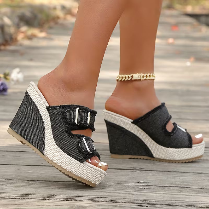 Women's Denim Wedge Sandals | Frayed Strap Espadrille Platform