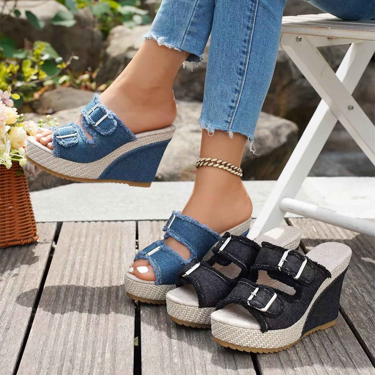 Women's Denim Wedge Sandals | Frayed Strap Espadrille Platform