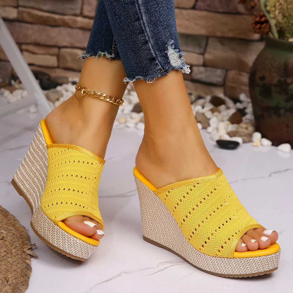 Women's Knit Platform Wedge Sandals | Open-Toe Espadrille Slip-On