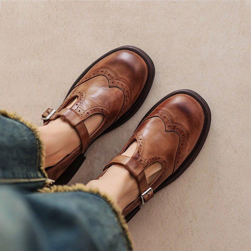 Women's Perforated Mary Jane Flats | Buckle Strap Closed Toe Shoes