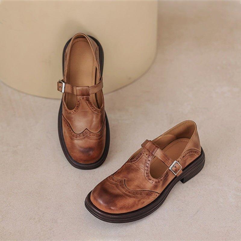 Women's Perforated Mary Jane Flats | Buckle Strap Closed Toe Shoes