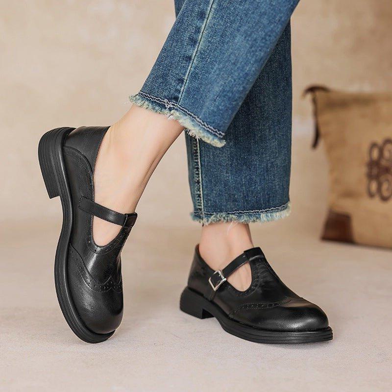 Women's Perforated Mary Jane Flats | Buckle Strap Closed Toe Shoes