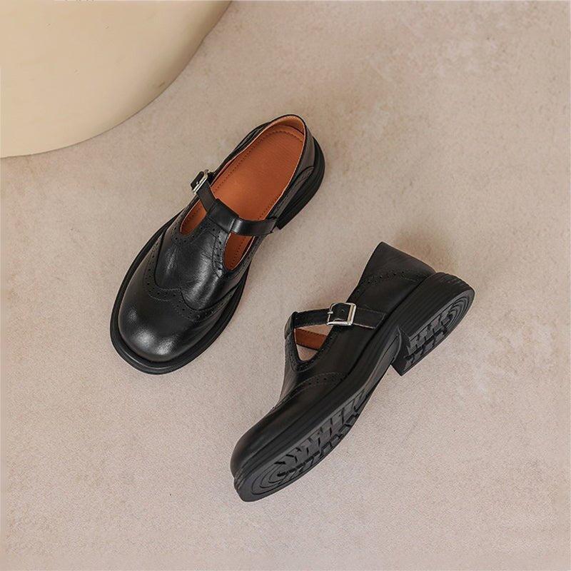 Women's Perforated Mary Jane Flats | Buckle Strap Closed Toe Shoes